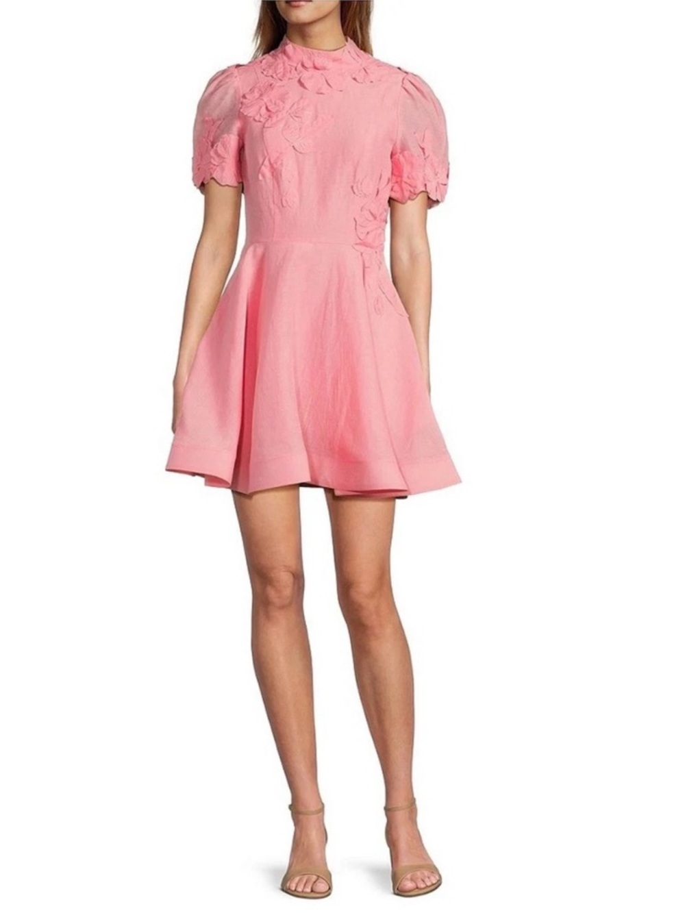 NWT Antonio Melani Iris Linen Floral Appliqué Taffy Pink Mockneck Dress - Picture 2 of 7
